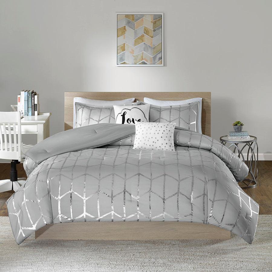 Olliix.com Comforters & Blankets - Raina Metallic Printed Comforter Set Silver Full/Queen
