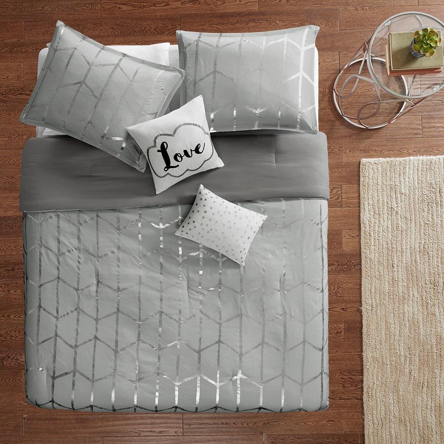 Olliix.com Comforters & Blankets - Raina Metallic Printed Comforter Set Silver Full/Queen