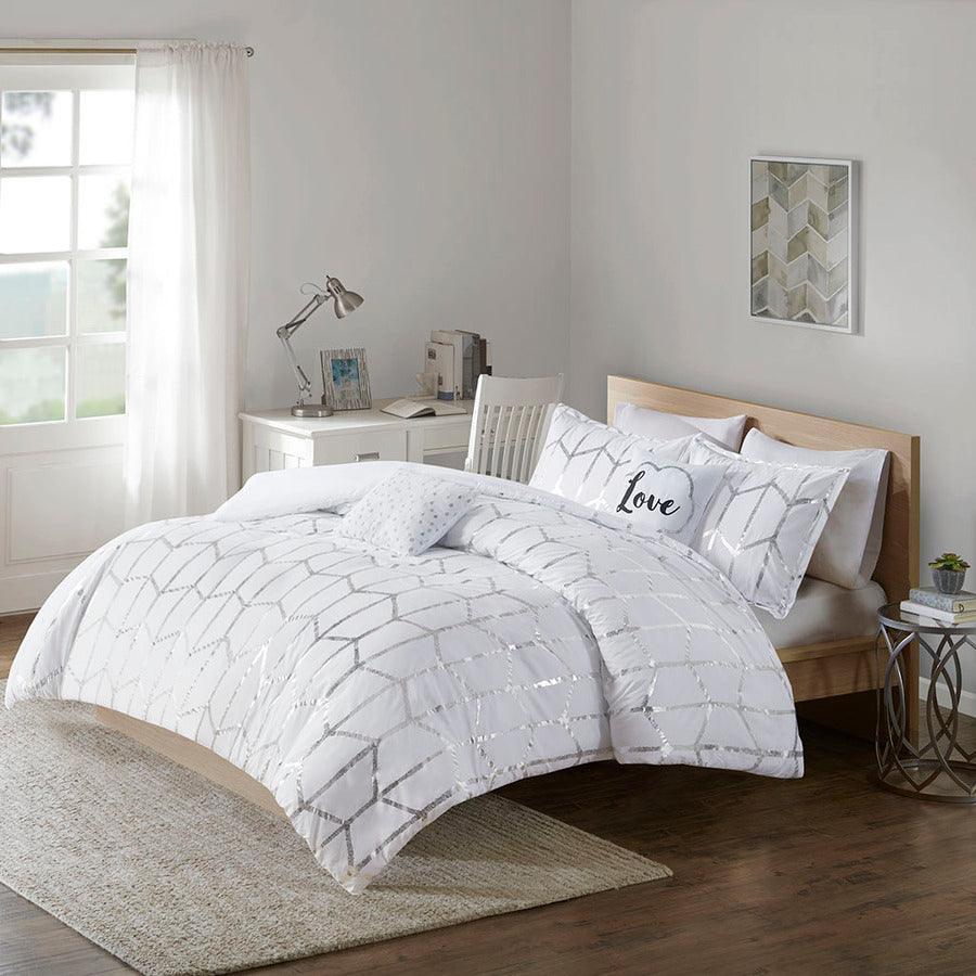 Olliix.com Comforters & Blankets - Raina Metallic Printed Comforter Set White & Silver Full/Queen