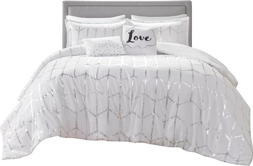 Olliix.com Comforters & Blankets - Raina Metallic Printed Comforter Set White & Silver Full/Queen