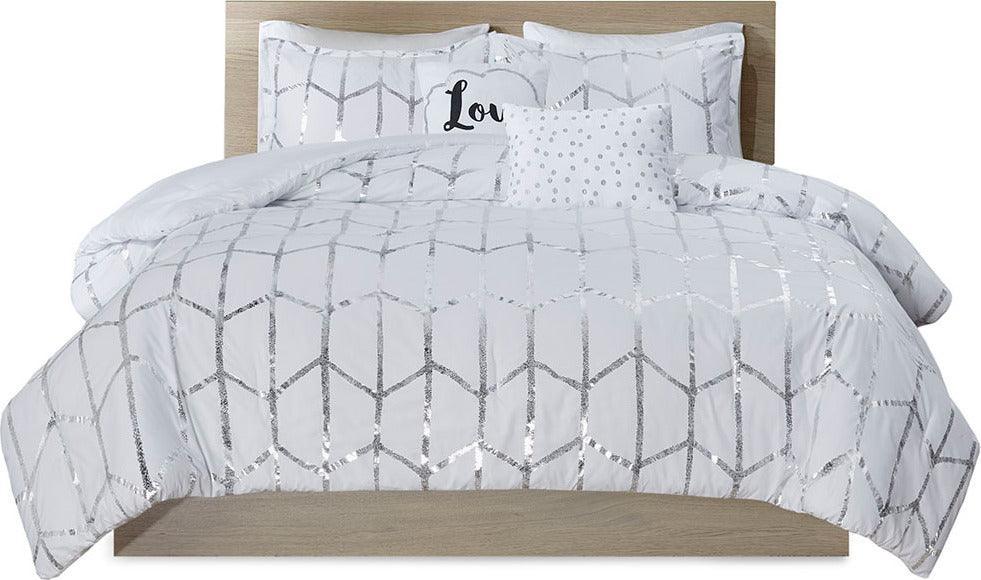 Olliix.com Comforters & Blankets - Raina Metallic Printed Comforter Set White & Silver Full/Queen