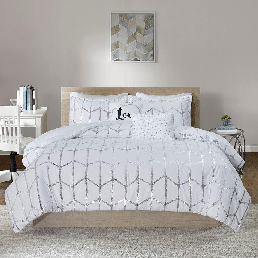 Olliix.com Comforters & Blankets - Raina Metallic Printed Comforter Set White & Silver Full/Queen