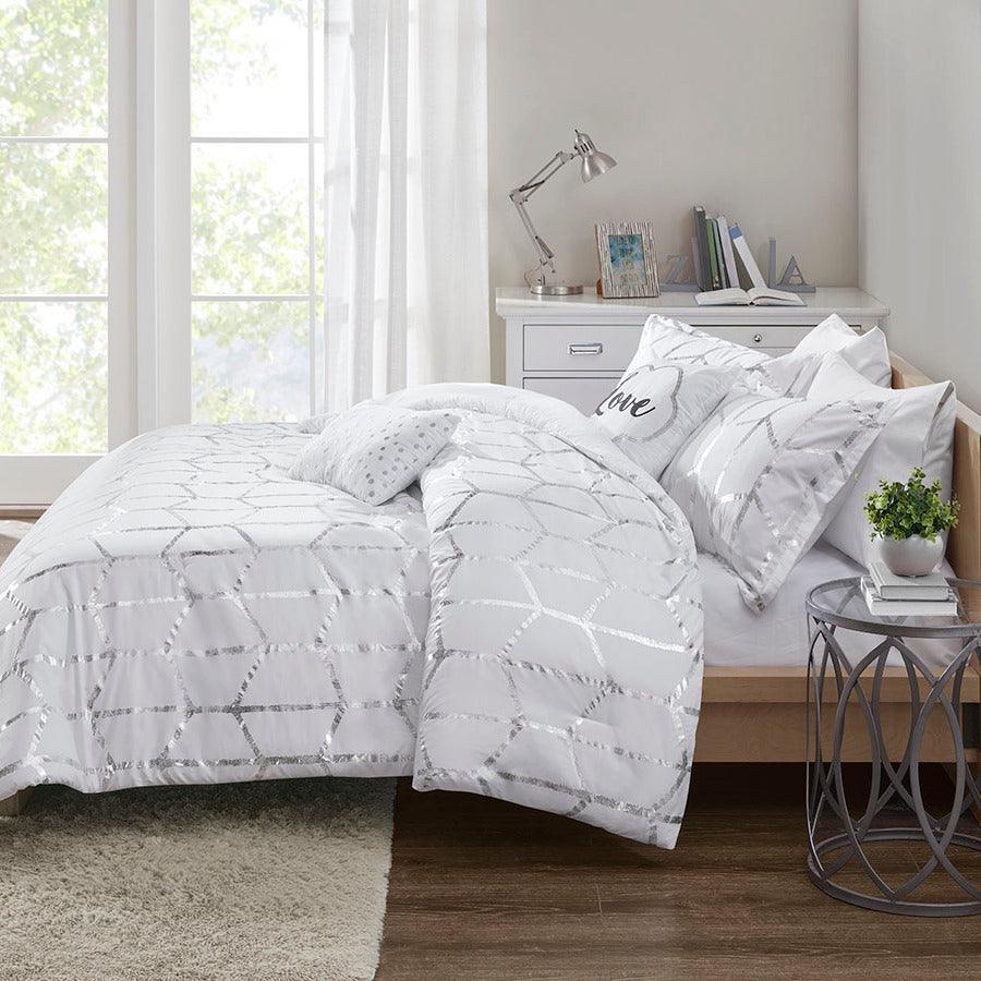 Olliix.com Comforters & Blankets - Raina Metallic Printed Comforter Set White & Silver Full/Queen