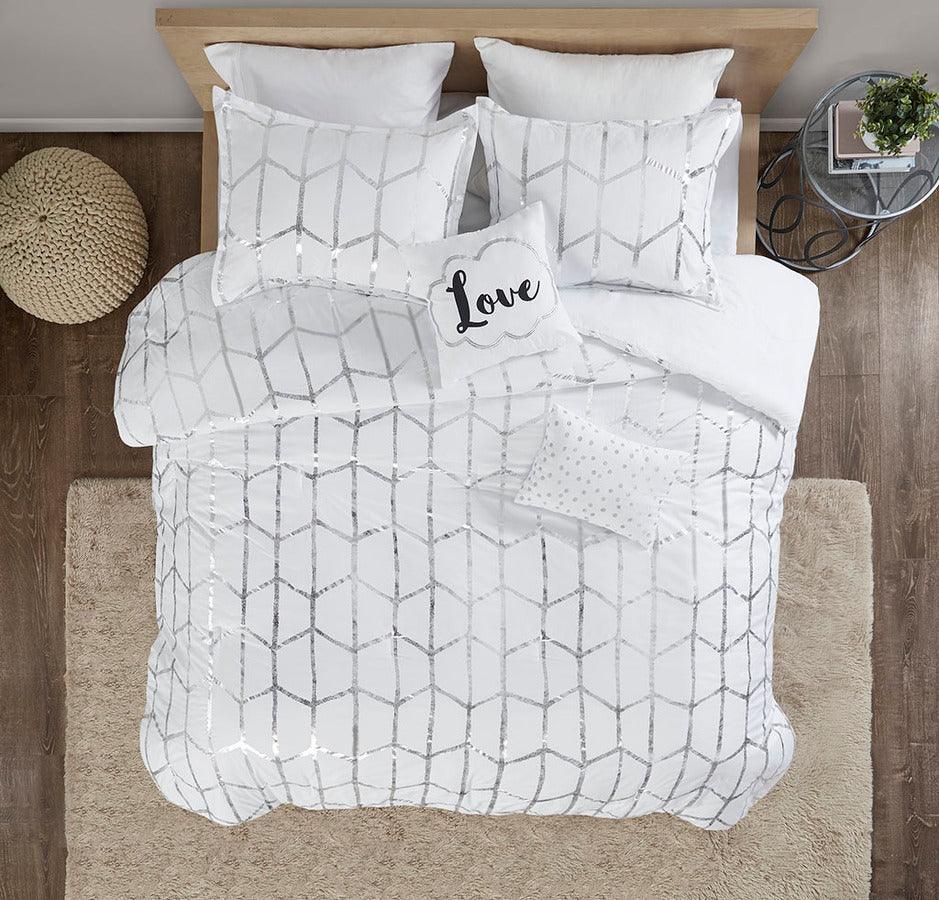 Olliix.com Comforters & Blankets - Raina Metallic Printed Comforter Set White & Silver Full/Queen