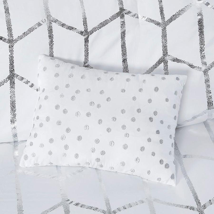 Olliix.com Comforters & Blankets - Raina Metallic Printed Comforter Set White & Silver Full/Queen