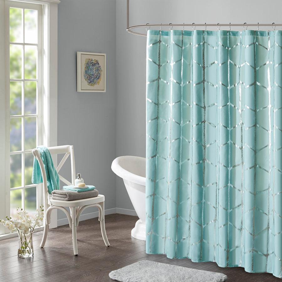 Olliix.com Shower Curtains - Raina Printed Metallic Shower Curtain Aqua & Silver