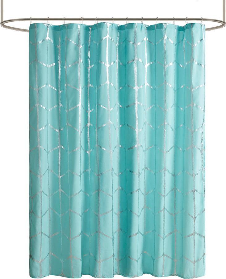 Olliix.com Shower Curtains - Raina Printed Metallic Shower Curtain Aqua & Silver