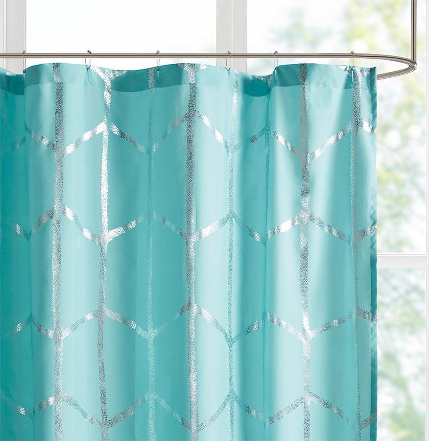 Olliix.com Shower Curtains - Raina Printed Metallic Shower Curtain Aqua & Silver