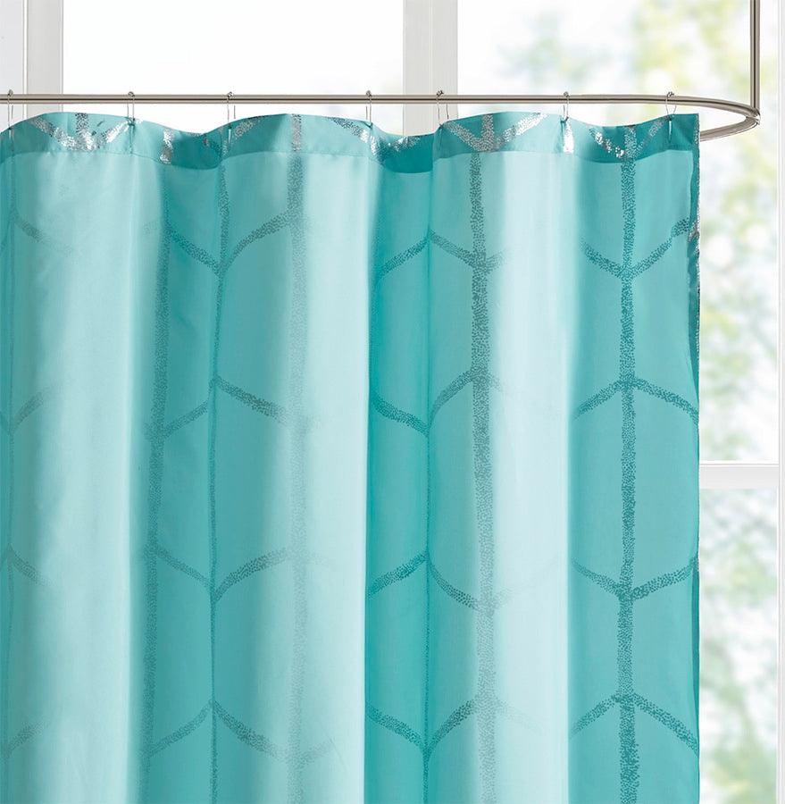 Olliix.com Shower Curtains - Raina Printed Metallic Shower Curtain Aqua & Silver