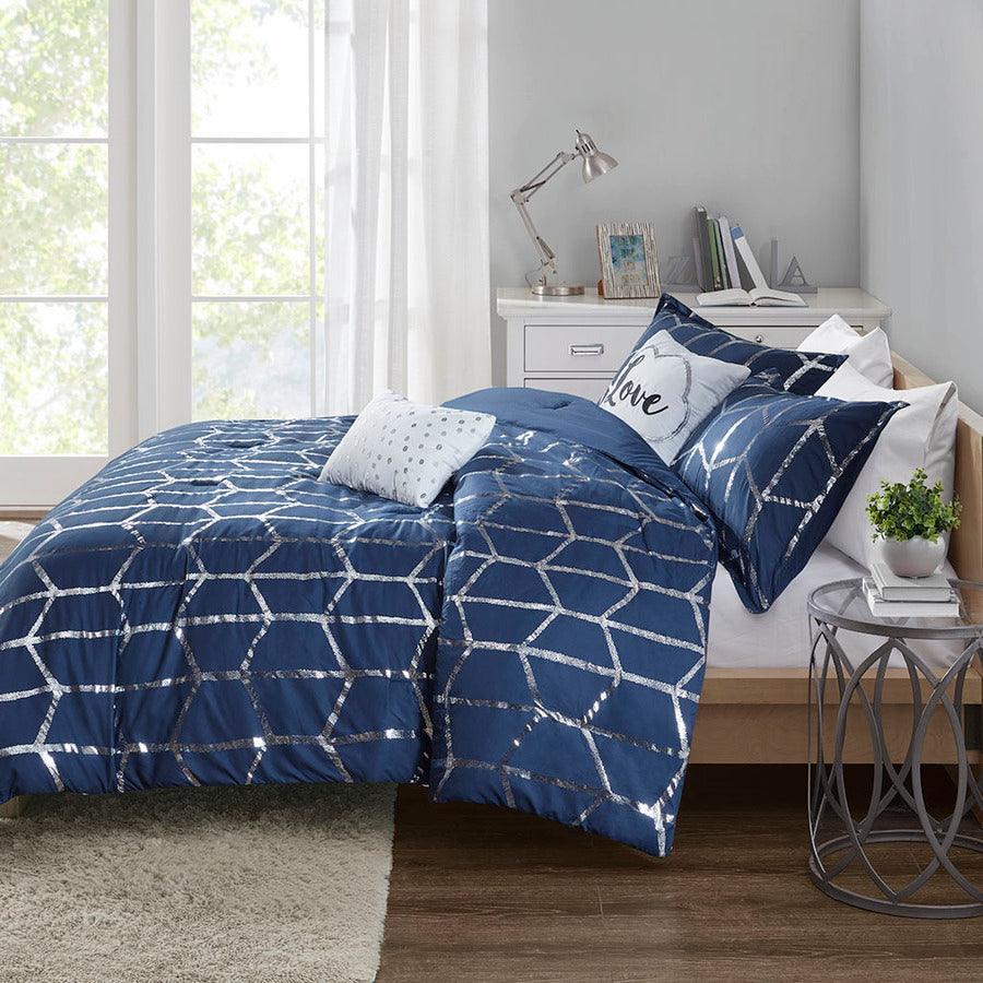 Olliix.com Comforters & Blankets - Raina Transitional Metallic Printed Comforter Set Navy | Silver King/Cal King