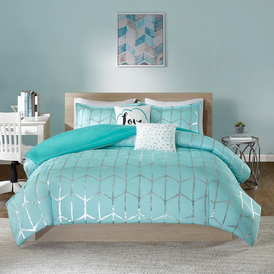 Olliix.com Duvet & Duvet Sets - Raina Twin/Twin XL Metallic Printed Duvet Cover Set Aqua & Silver