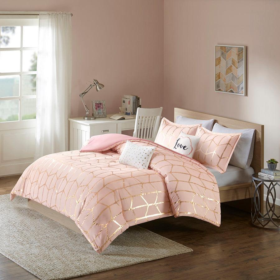 Olliix.com Duvet & Duvet Sets - Raina Twin/Twin XL Metallic Printed Duvet Cover Set Blush & Gold