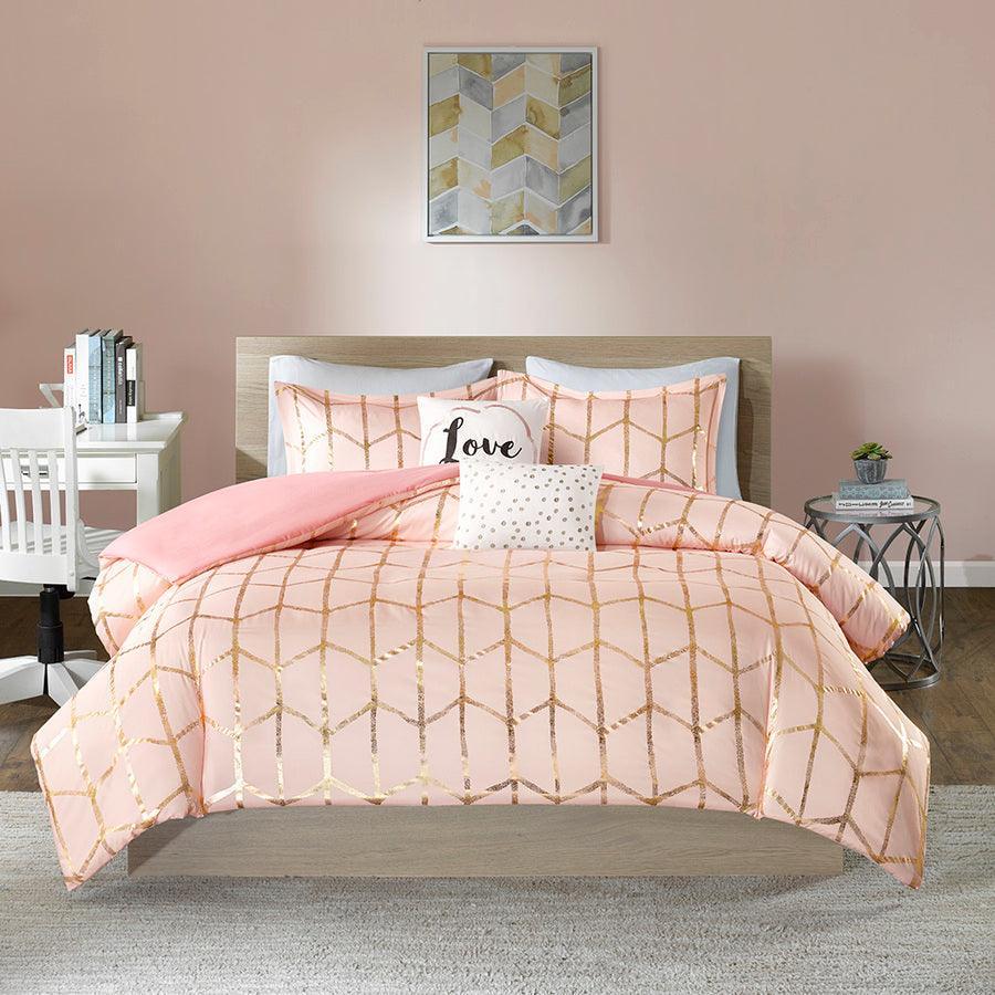 Olliix.com Duvet & Duvet Sets - Raina Twin/Twin XL Metallic Printed Duvet Cover Set Blush & Gold