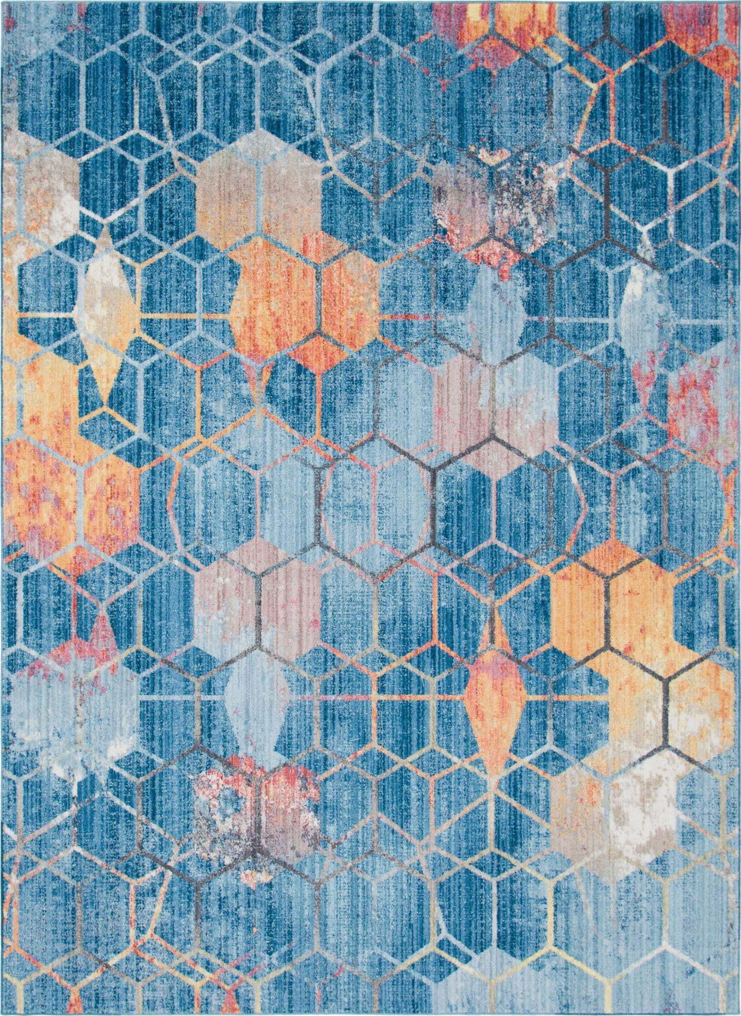 Unique Loom Indoor Rugs - Rainbow Geometric Rectangular 8x11 Rug Blue & Peach