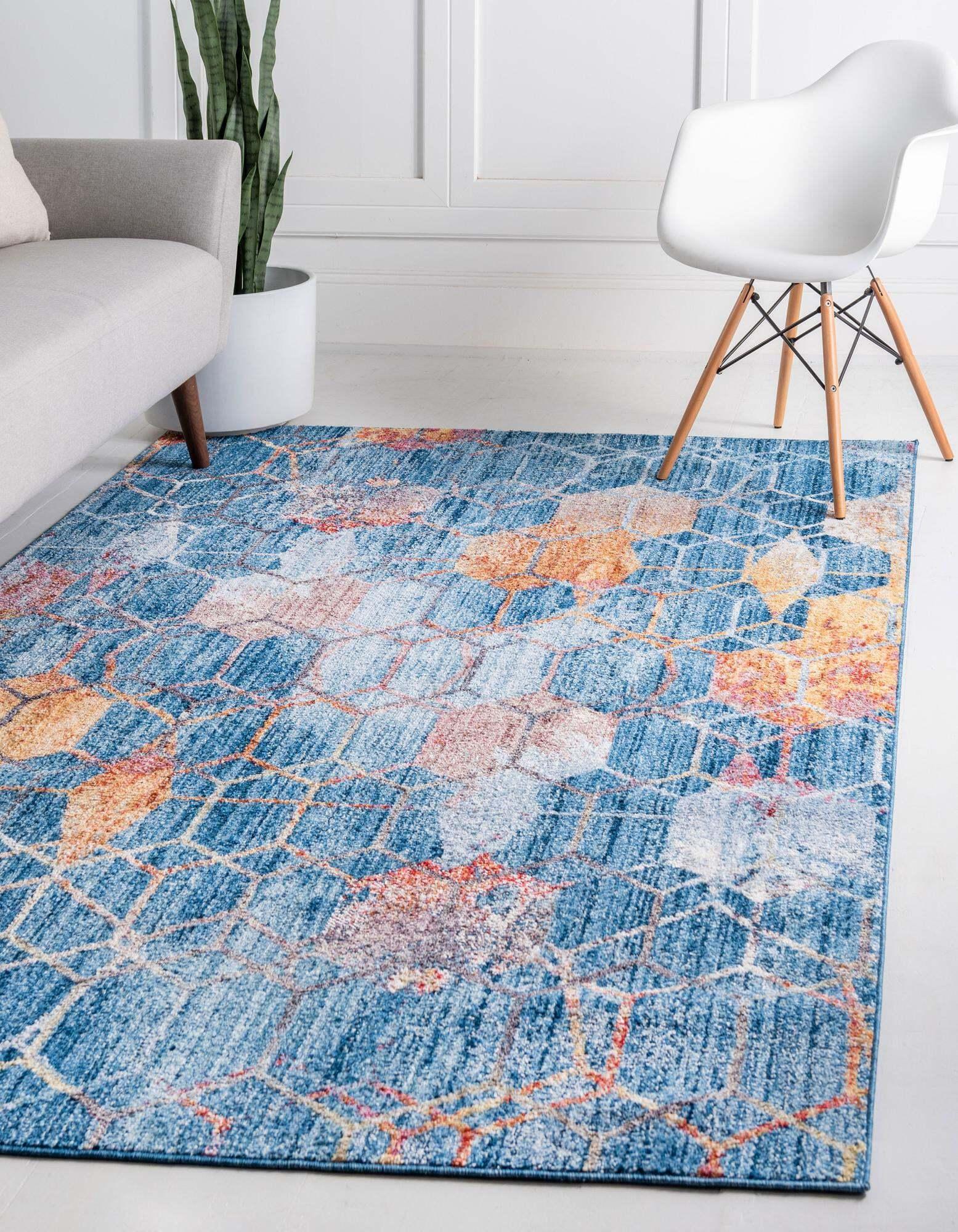 Unique Loom Indoor Rugs - Rainbow Geometric Rectangular 8x11 Rug Blue & Peach