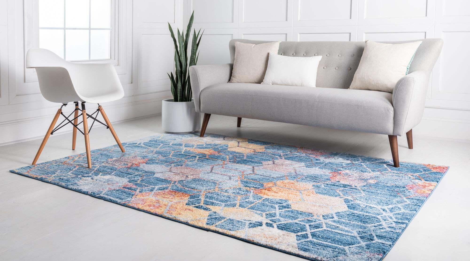 Unique Loom Indoor Rugs - Rainbow Geometric Rectangular 8x11 Rug Blue & Peach