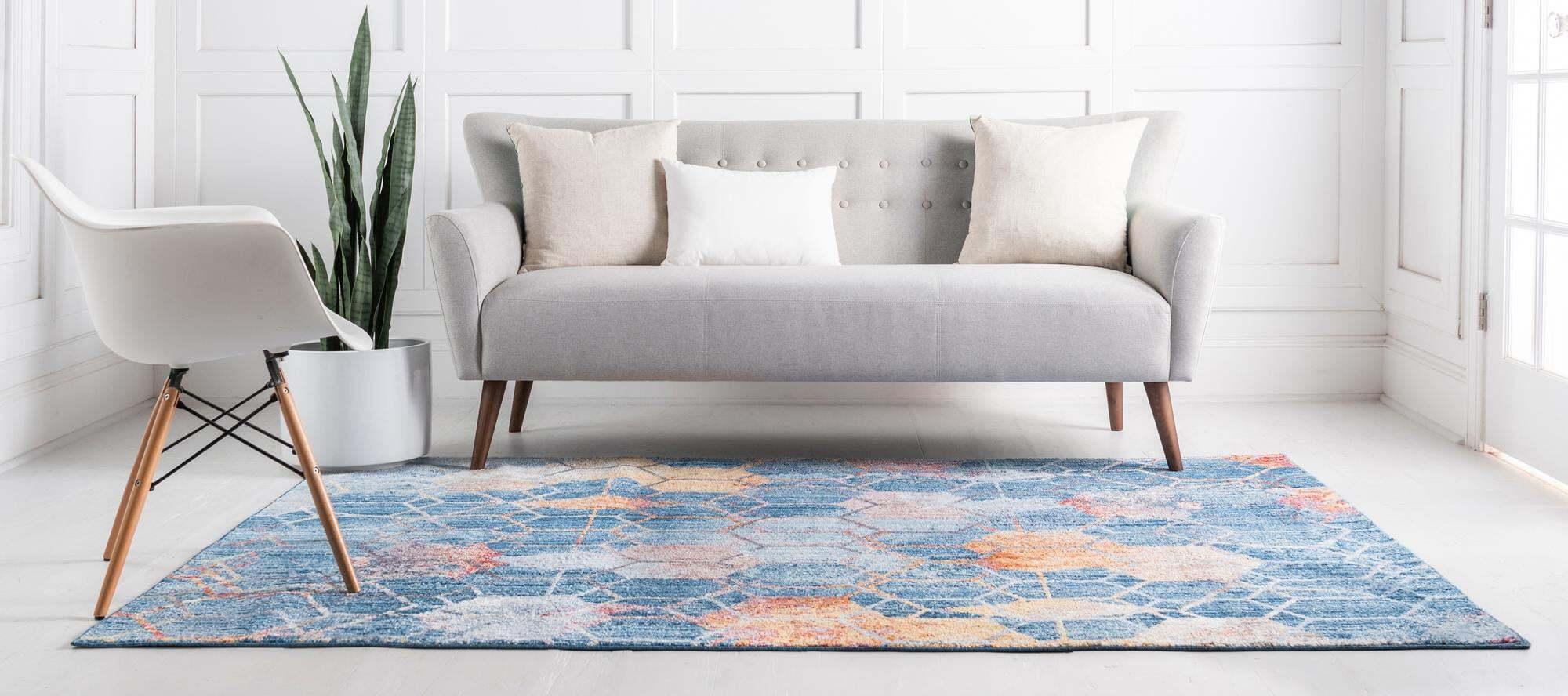 Unique Loom Indoor Rugs - Rainbow Geometric Rectangular 8x11 Rug Blue & Peach