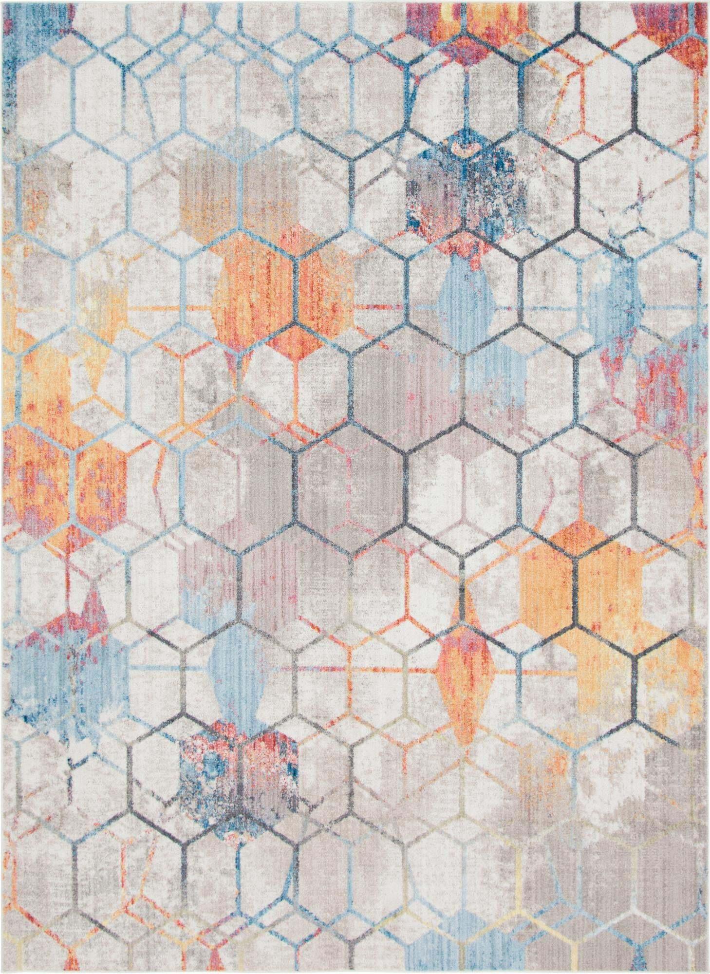Unique Loom Indoor Rugs - Rainbow Geometric Rectangular 8x11 Rug White & Blue