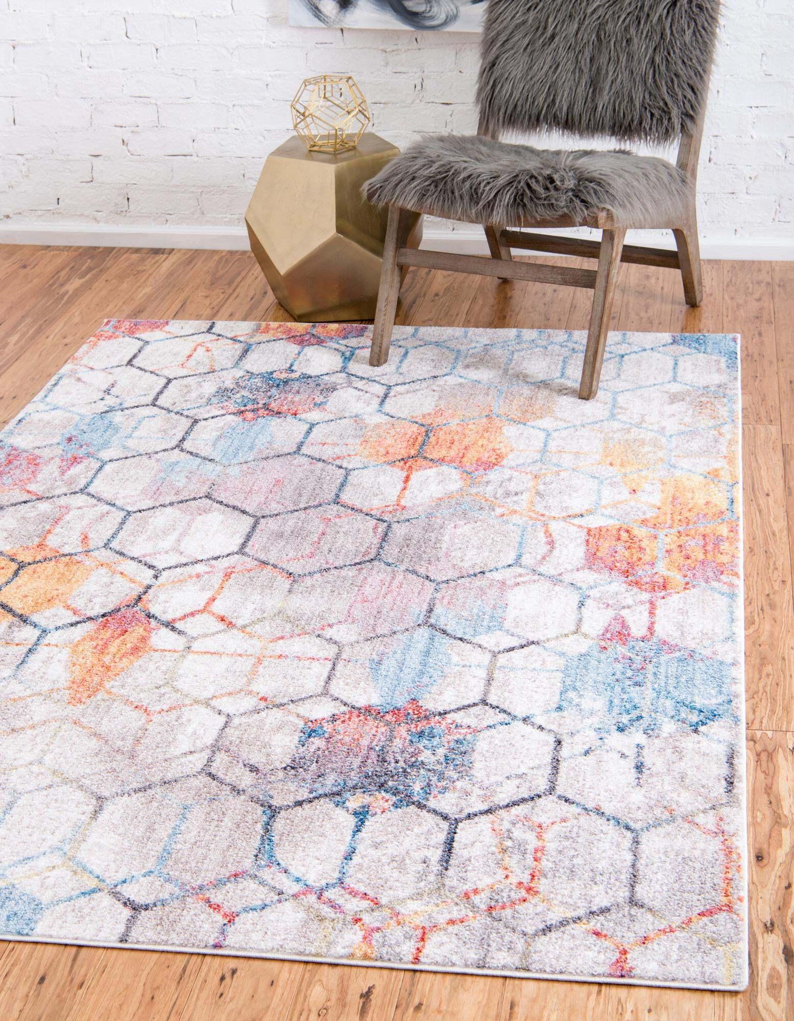 Unique Loom Indoor Rugs - Rainbow Geometric Rectangular 8x11 Rug White & Blue