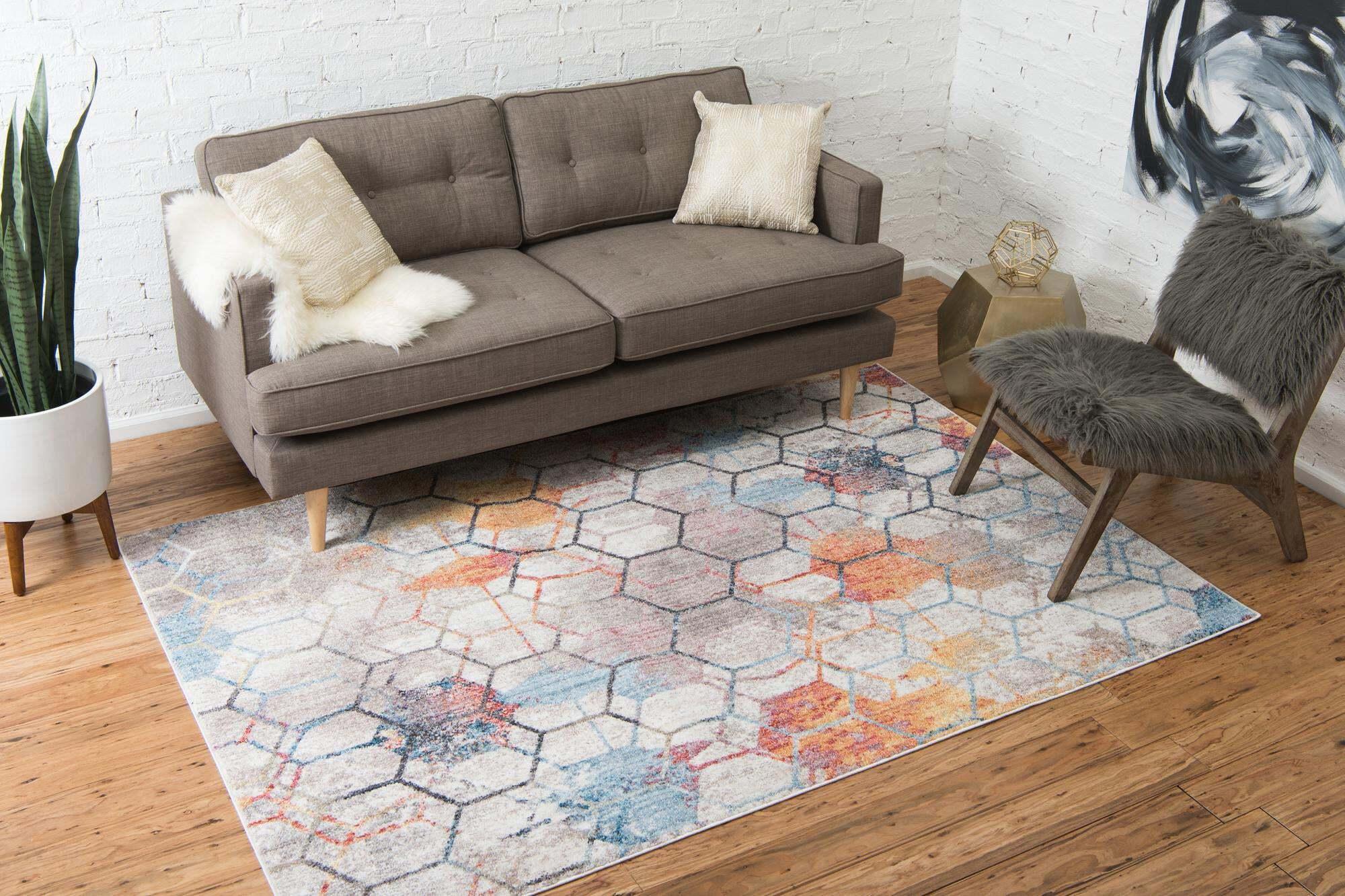 Unique Loom Indoor Rugs - Rainbow Geometric Rectangular 8x11 Rug White & Blue