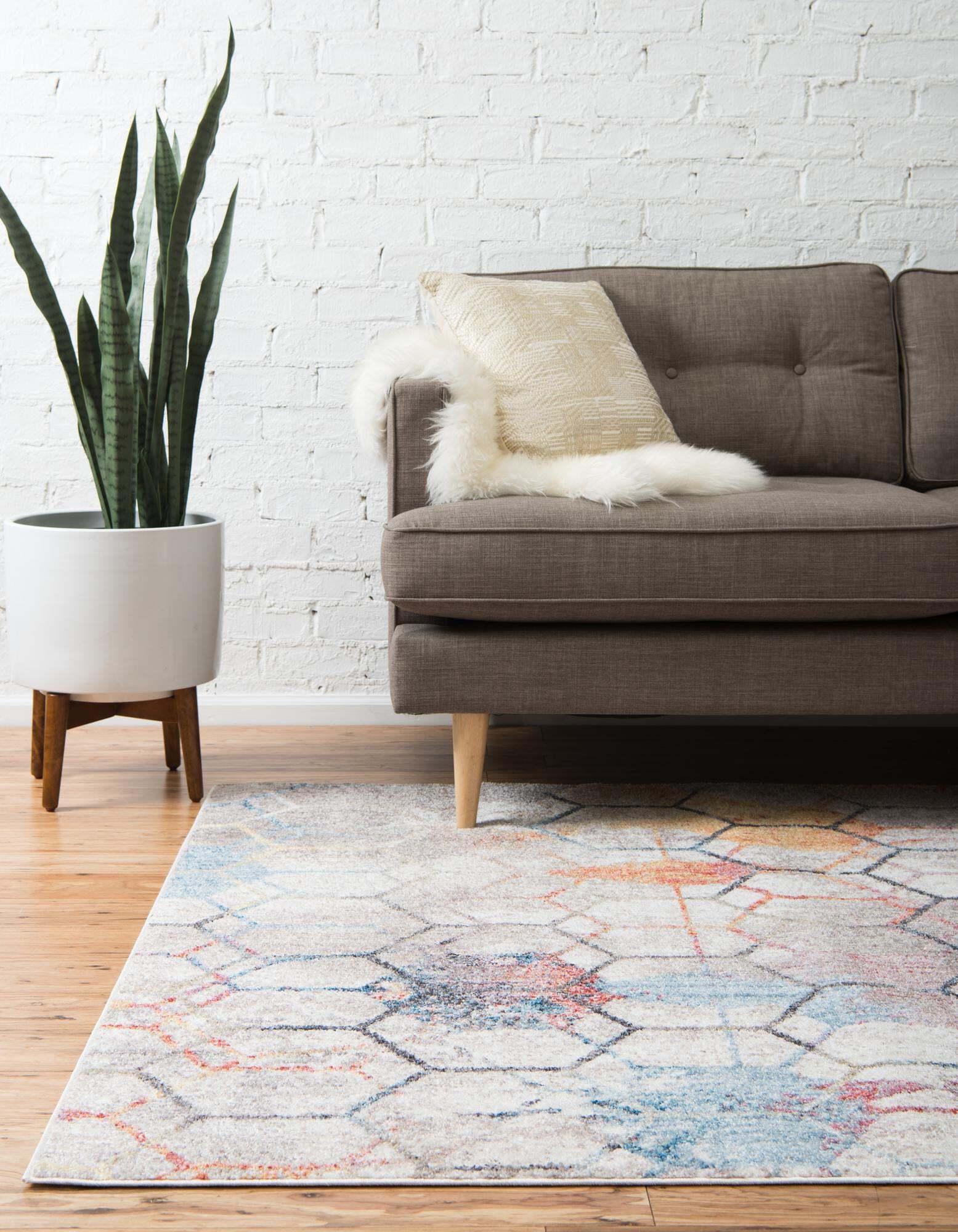 Unique Loom Indoor Rugs - Rainbow Geometric Rectangular 8x11 Rug White & Blue