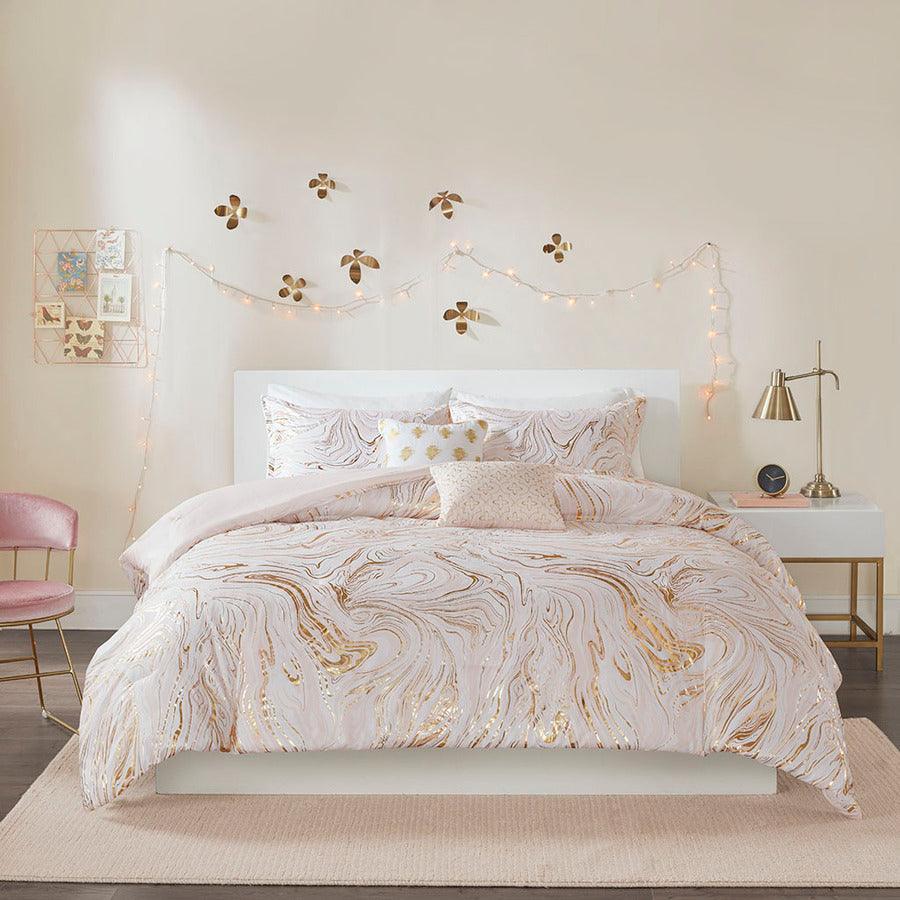 Olliix.com Comforters & Blankets - Rebecca King/California King Metallic Printed Comforter Set Blush & Gold