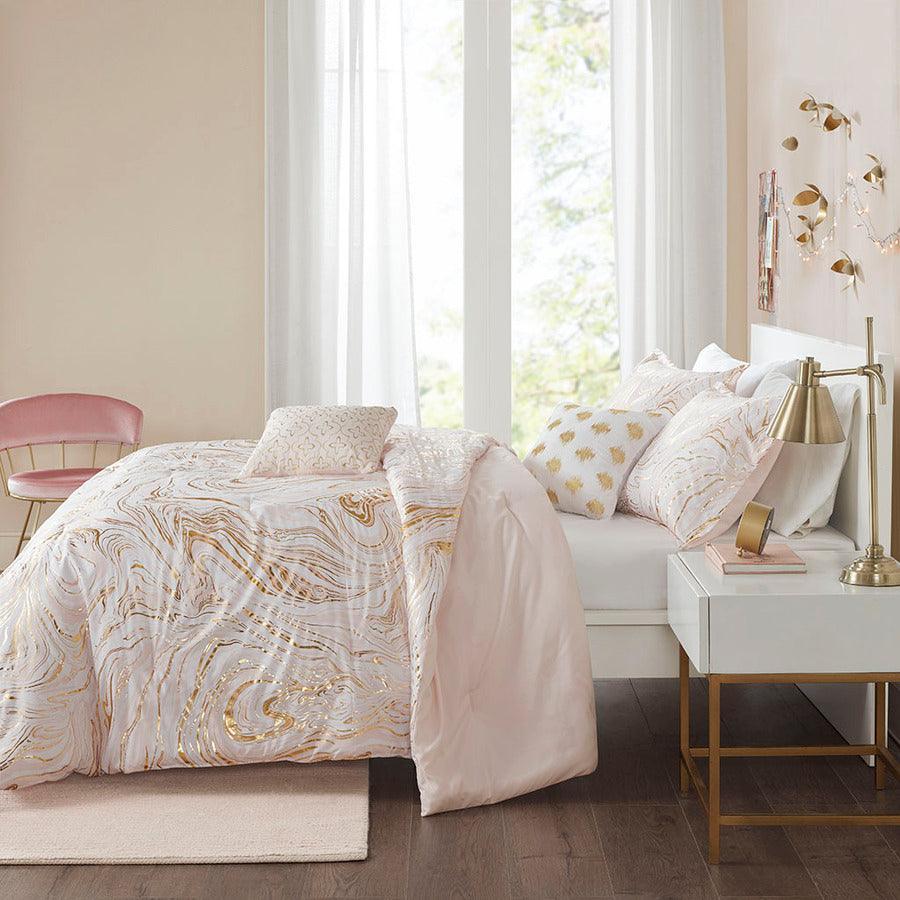 Olliix.com Comforters & Blankets - Rebecca King/California King Metallic Printed Comforter Set Blush & Gold