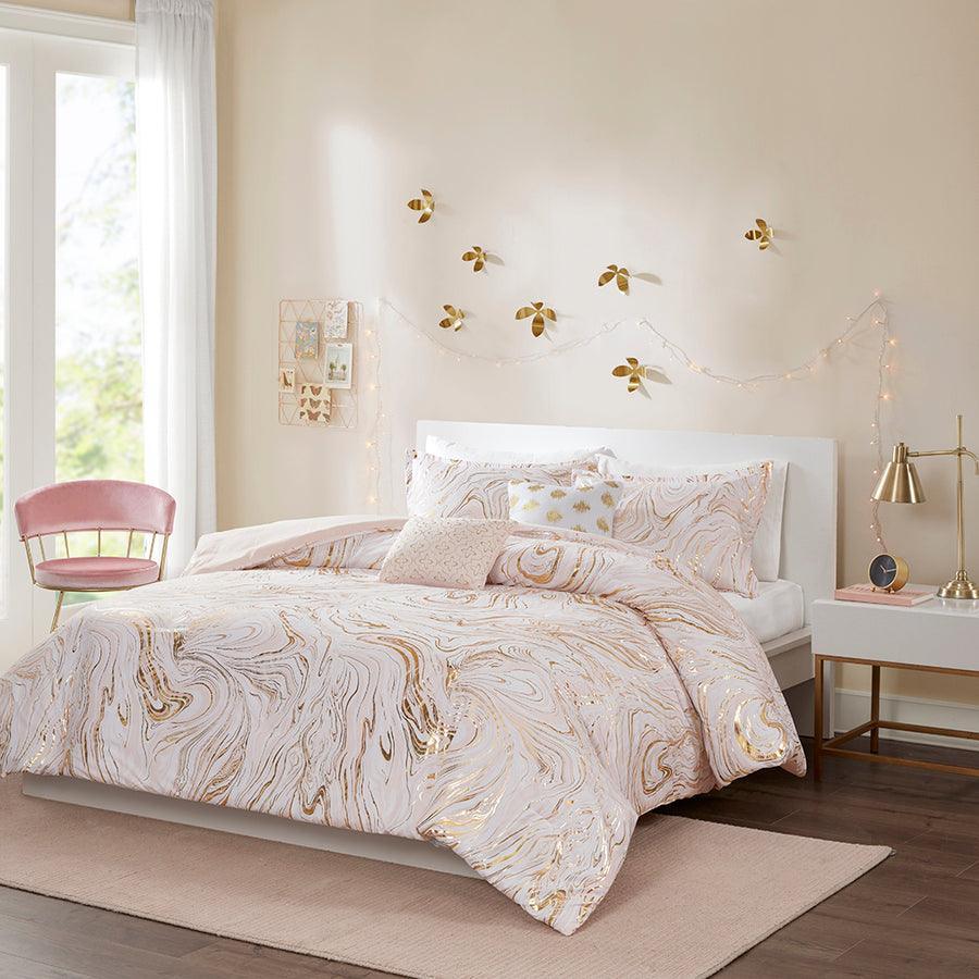 Olliix.com Comforters & Blankets - Rebecca Metallic Printed Comforter Set Blush & Gold Full/Queen