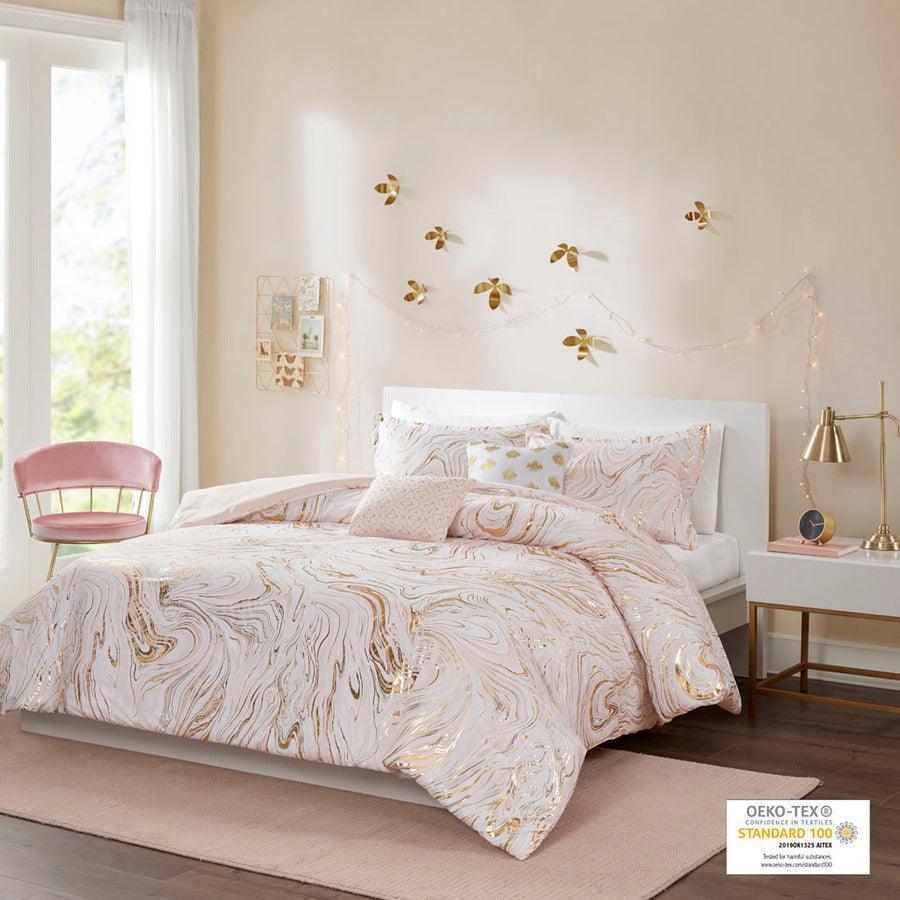 Olliix.com Comforters & Blankets - Rebecca Transitional Metallic Printed Comforter Set Blush | Gold Twin/Twin XL