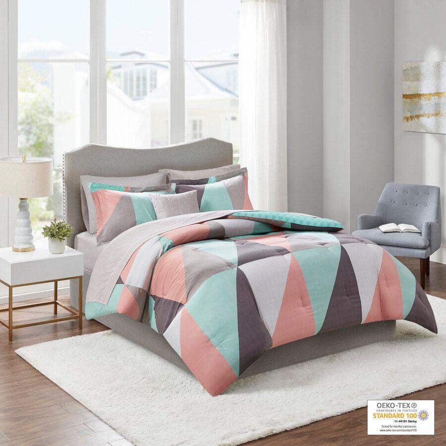 Olliix.com Comforters & Blankets - Remy Queen Reversible Complete Modern & Contemporary Bed Set includes Sheets Aqua