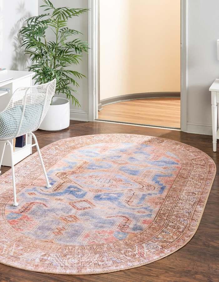 Unique Loom Indoor Rugs - Revival Asian 7x10 Oval Oval Rug Light Blue