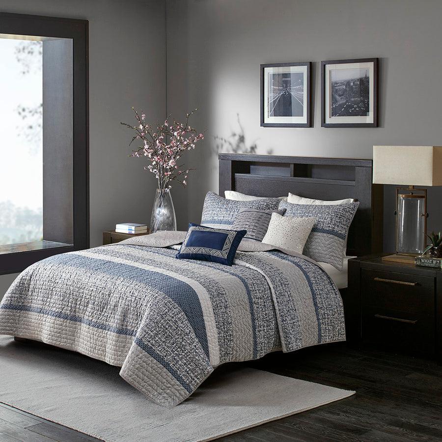 Olliix.com Comforters & Blankets - Rhapsody 6 Piece Reversible Jacquard Coverlet Sets Navy