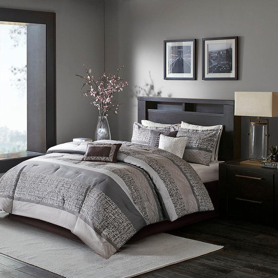 Olliix.com Comforters & Blankets - Rhapsody Casual 7 Piece Jacquard Comforter Set Gray | Taupe Cal King