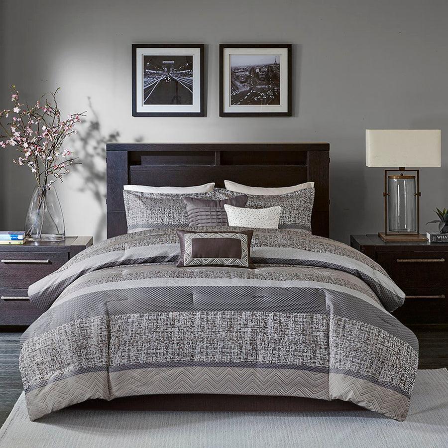 Olliix.com Comforters & Blankets - Rhapsody Casual 7 Piece Jacquard Comforter Set Gray | Taupe Cal King