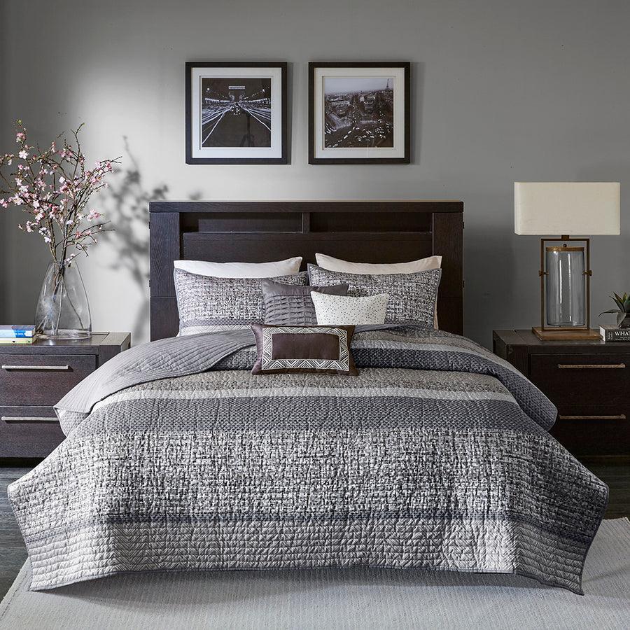 Olliix.com Comforters & Blankets - Rhapsody King/California King 6 Piece Reversible Jacquard Coverlet Set Gray & Taupe
