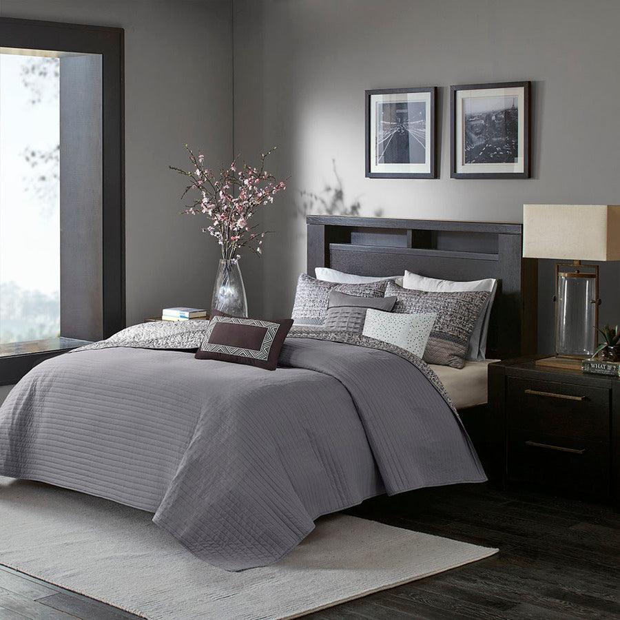 Olliix.com Comforters & Blankets - Rhapsody King/California King 6 Piece Reversible Jacquard Coverlet Set Gray & Taupe