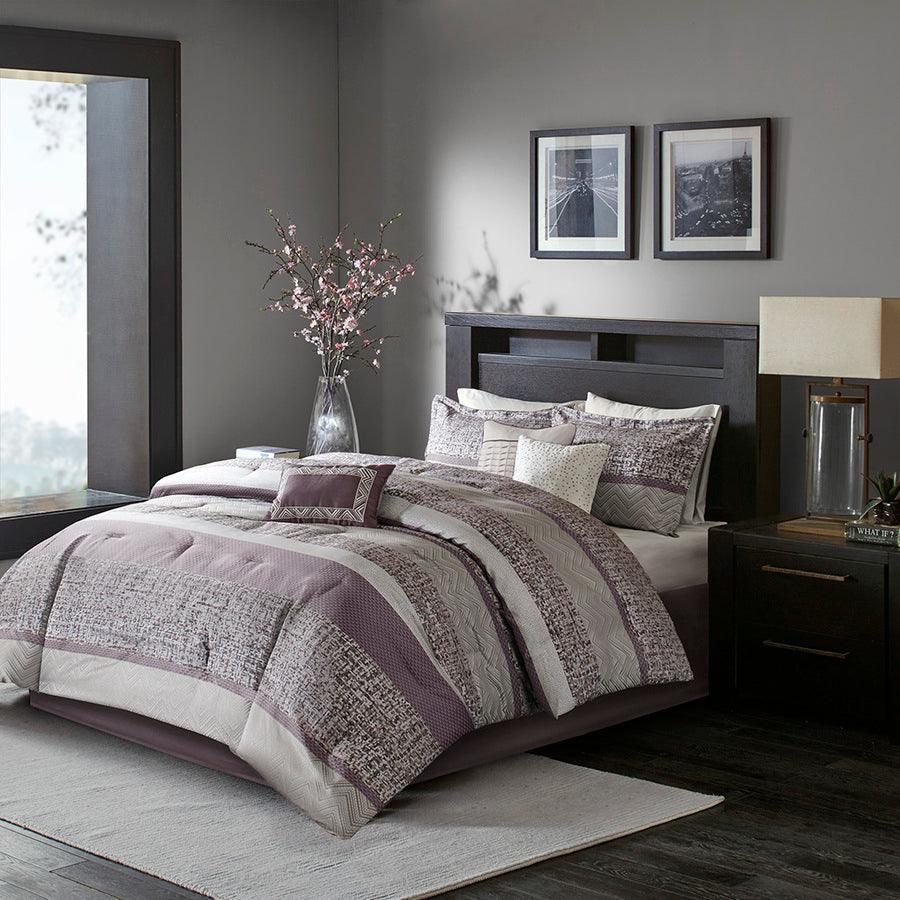 Olliix.com Comforters & Blankets - Rhapsody Traditional 7 Piece Jacquard Comforter Set Purple Cal King