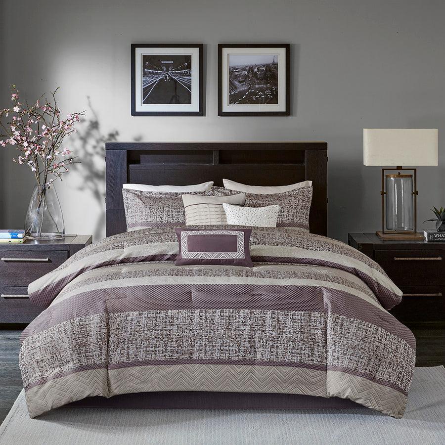 Olliix.com Comforters & Blankets - Rhapsody Traditional 7 Piece Jacquard Comforter Set Purple Cal King