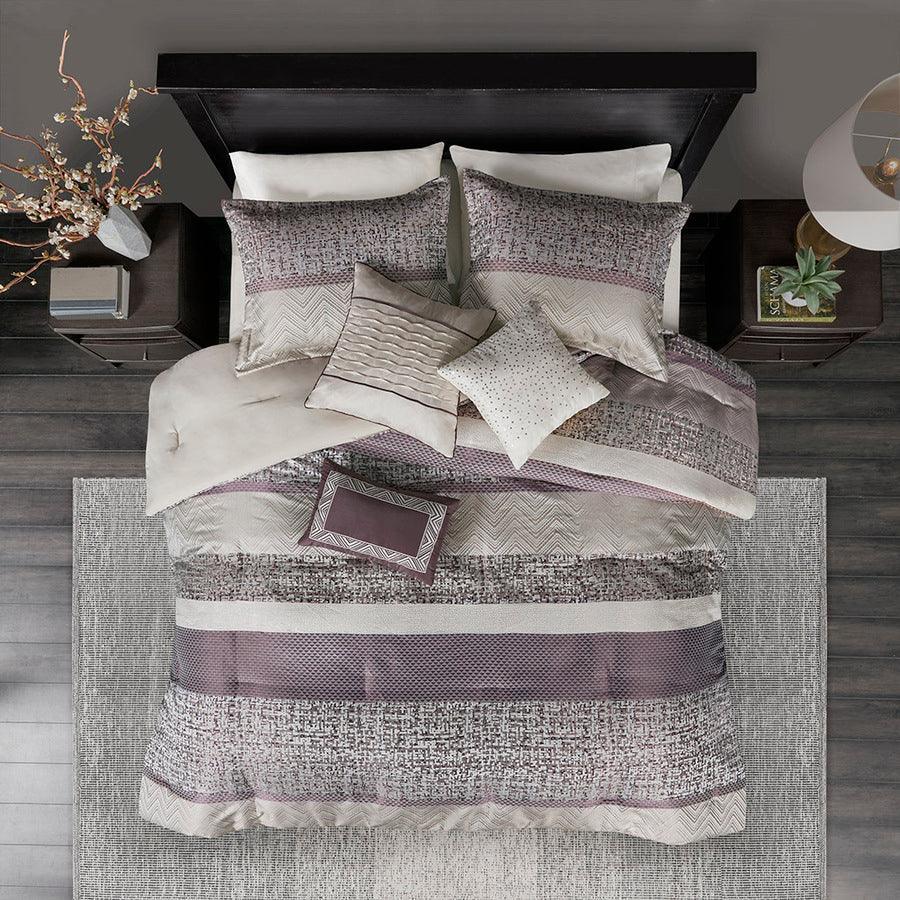 Olliix.com Comforters & Blankets - Rhapsody Traditional 7 Piece Jacquard Comforter Set Purple Cal King