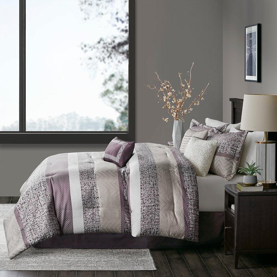 Olliix.com Comforters & Blankets - Rhapsody Traditional 7 Piece Jacquard Comforter Set Purple Cal King