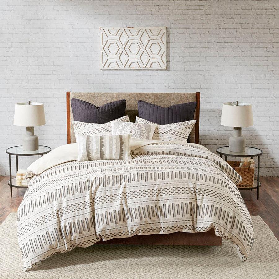 Olliix.com Comforters & Blankets - Rhea Cotton Jacquard Comforter Mini Set Ivory & Charcoal Full/Queen