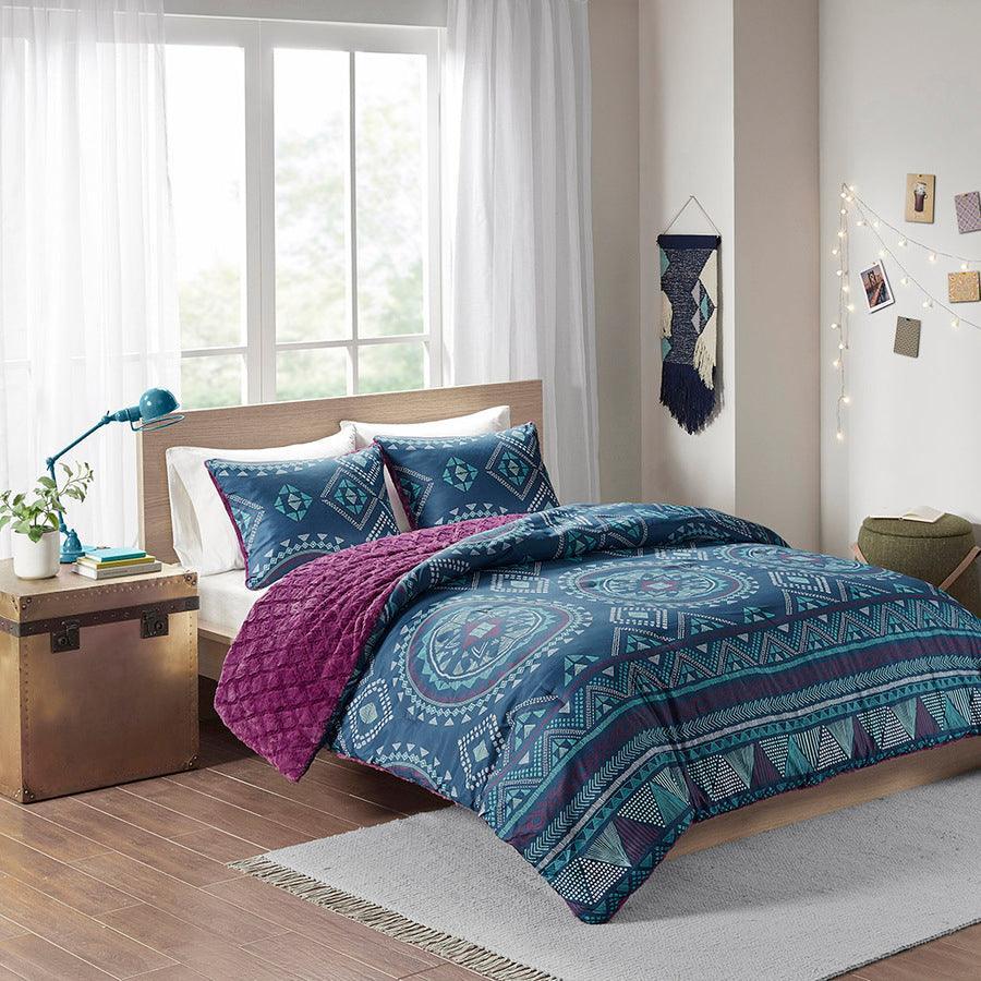 Olliix.com Comforters & Blankets - Ripley Reversible Comforter Mini Set Navy & Purple Full/Queen