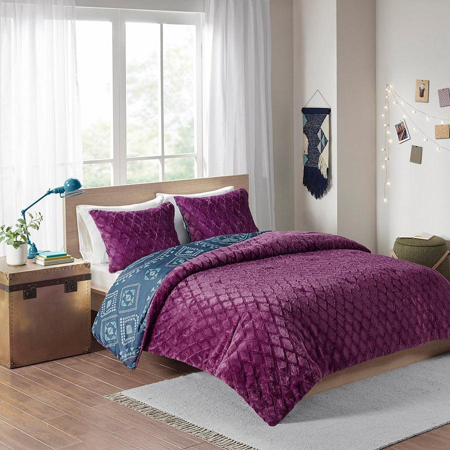 Olliix.com Comforters & Blankets - Ripley Reversible Comforter Mini Set Navy & Purple Full/Queen