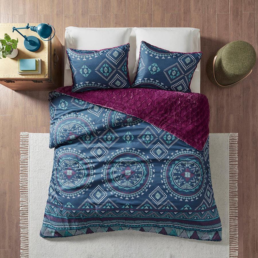 Olliix.com Comforters & Blankets - Ripley Reversible Comforter Mini Set Navy & Purple Full/Queen