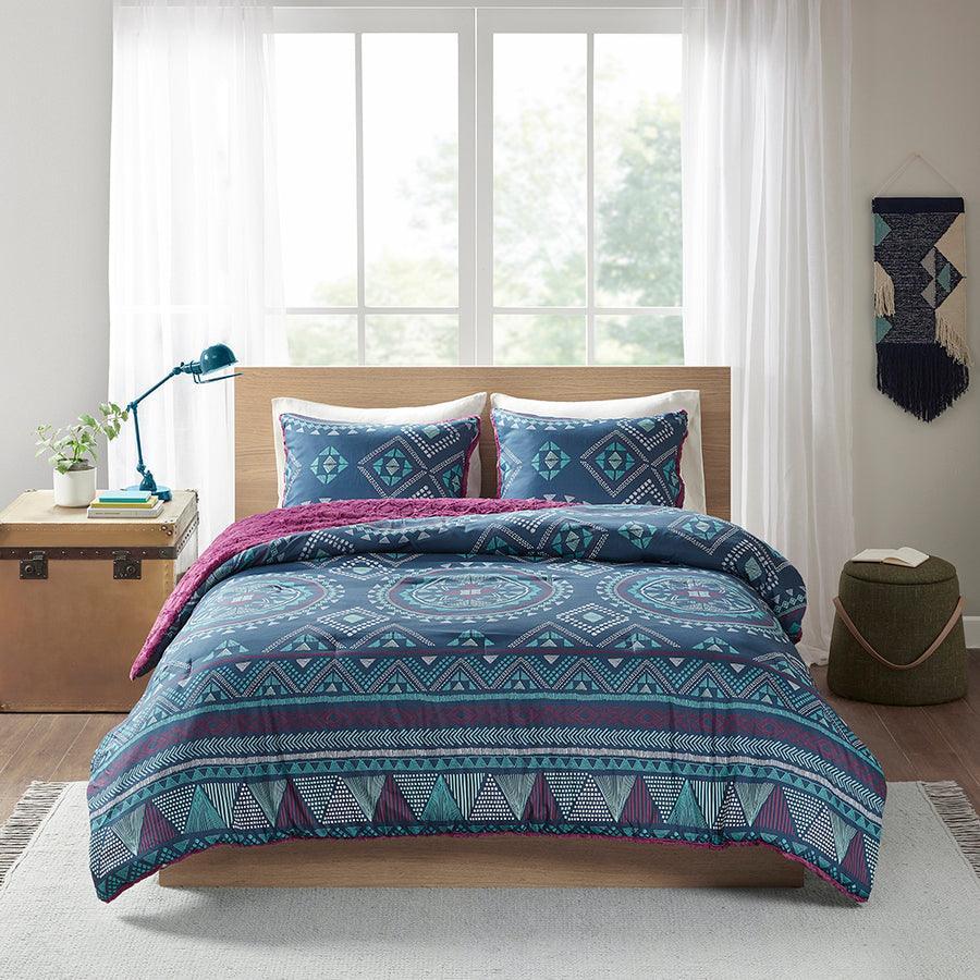 Olliix.com Comforters & Blankets - Ripley Reversible Comforter Mini Set Navy & Purple Full/Queen