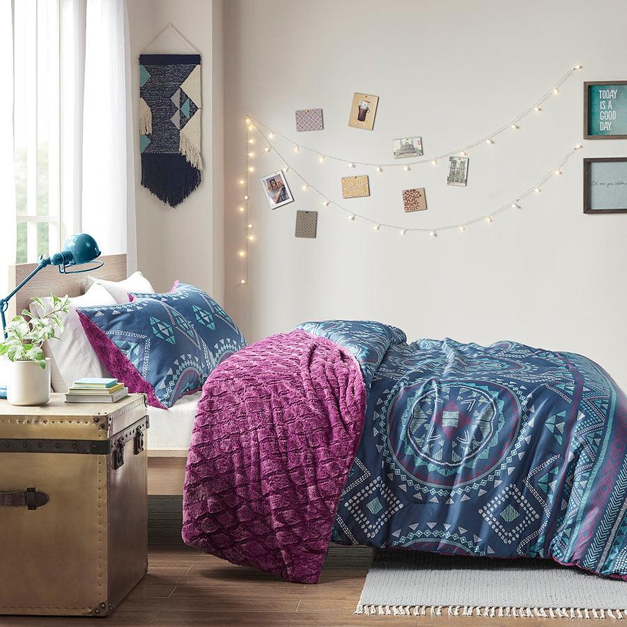 Olliix.com Comforters & Blankets - Ripley Reversible Comforter Mini Set Navy & Purple Full/Queen