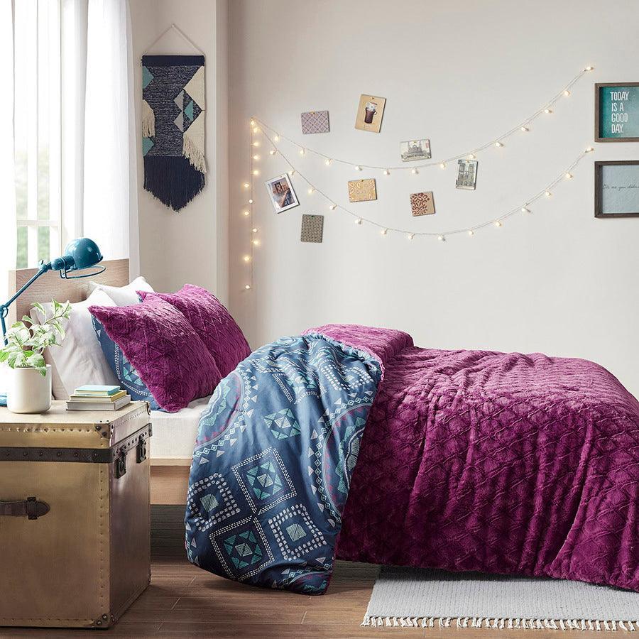Olliix.com Comforters & Blankets - Ripley Reversible Comforter Mini Set Navy & Purple Full/Queen