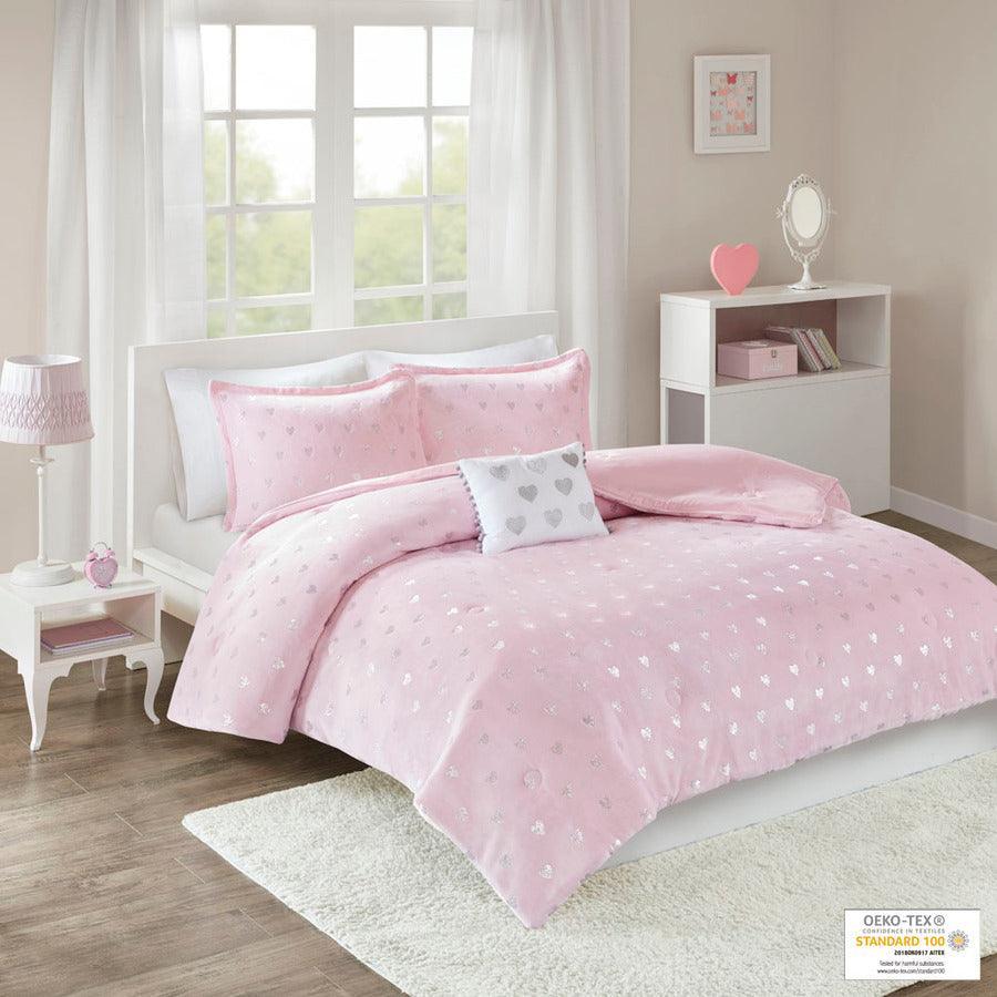 Olliix.com Comforters & Blankets - Rosalie Modern Metallic Printed Plush Comforter Set Pink | Silver Twin/Twin XL