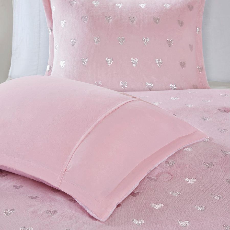 Olliix.com Comforters & Blankets - Rosalie Modern Metallic Printed Plush Comforter Set Pink | Silver Twin/Twin XL
