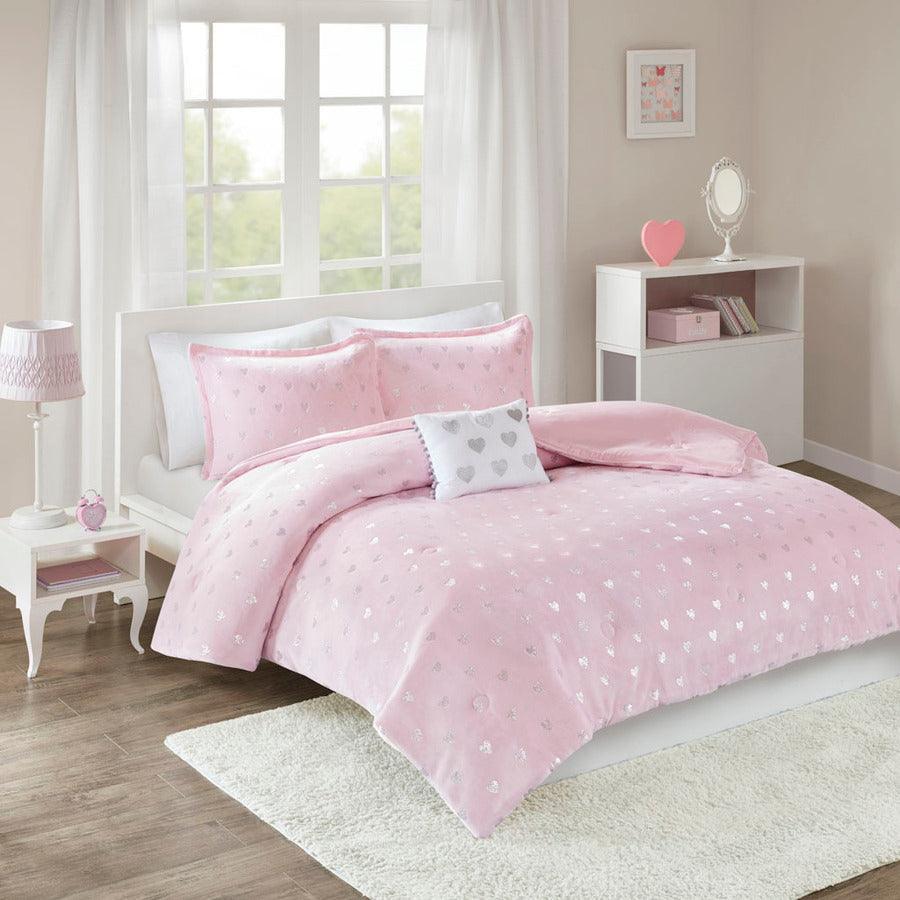 Olliix.com Comforters & Blankets - Rosalie Modern Metallic Printed Plush Comforter Set Pink | Silver Twin/Twin XL